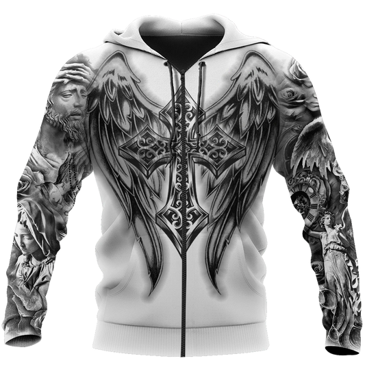 Jesus Christ Cross and Wings 3D Printed Zipped Hoodie for Men and Women