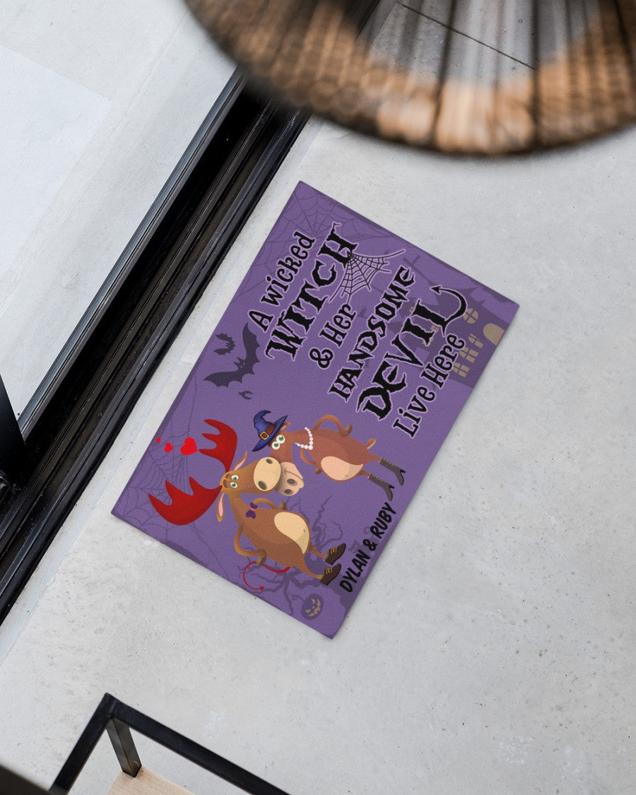 Moose A Wicked Witch And Her Devil Personalized Doormat Welcome Mat, Best Gift For Home Decoration