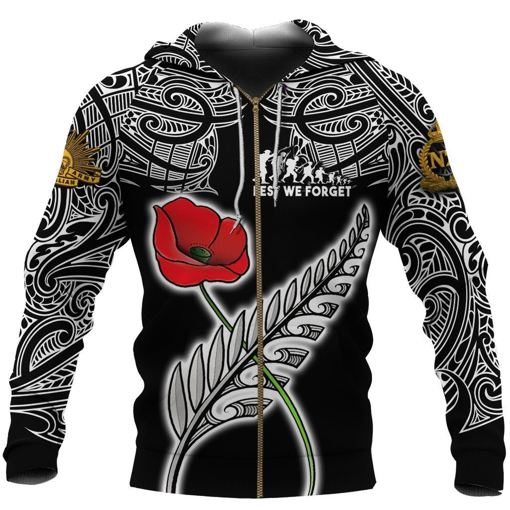 Anzac Australia and New Zealand Hoodie, Poppy Fern Lest We Forget Zipper Hoodie NNKANZ4 - Amaze Style™-Apparel