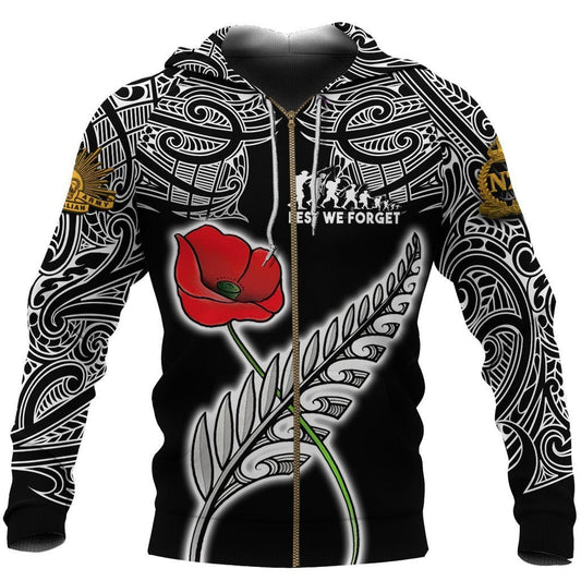 Anzac Australia and New Zealand Hoodie, Poppy Fern Lest We Forget Zipper Hoodie NNKANZ4 - Amaze Style™-Apparel
