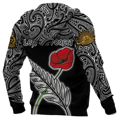 Anzac Australia and New Zealand Hoodie, Poppy Fern Lest We Forget Zipper Hoodie NNKANZ4 - Amaze Style™-Apparel