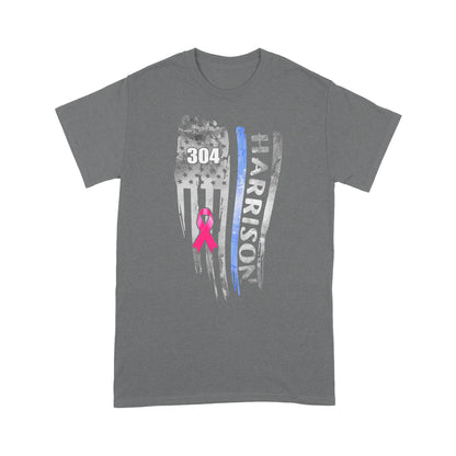 Breast Cancer Pink Ribbon Distressed Thin Blue Line Flag Personalized Police Shirt
