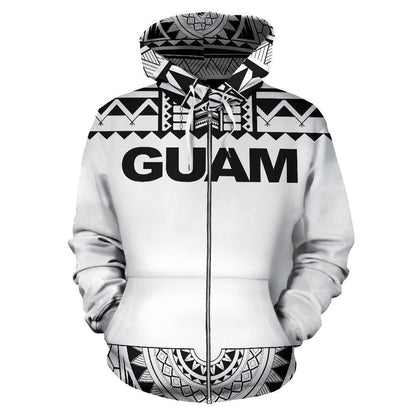 Guam All Over Zip-Up Hoodie - Polynesian White And Black - Amaze Style™-ALL OVER PRINT ZIP-UP HOODIES