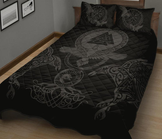 Viking Quilt Bed Set , Raven Vegvisir Fenrir Valknut