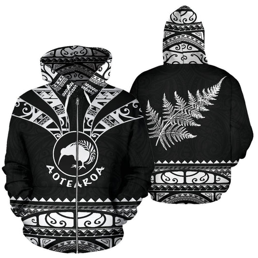 Maori Aotearoa Silver Fern Zip Up Hoodie White - Medal Version NVD - Amaze Style™-Apparel