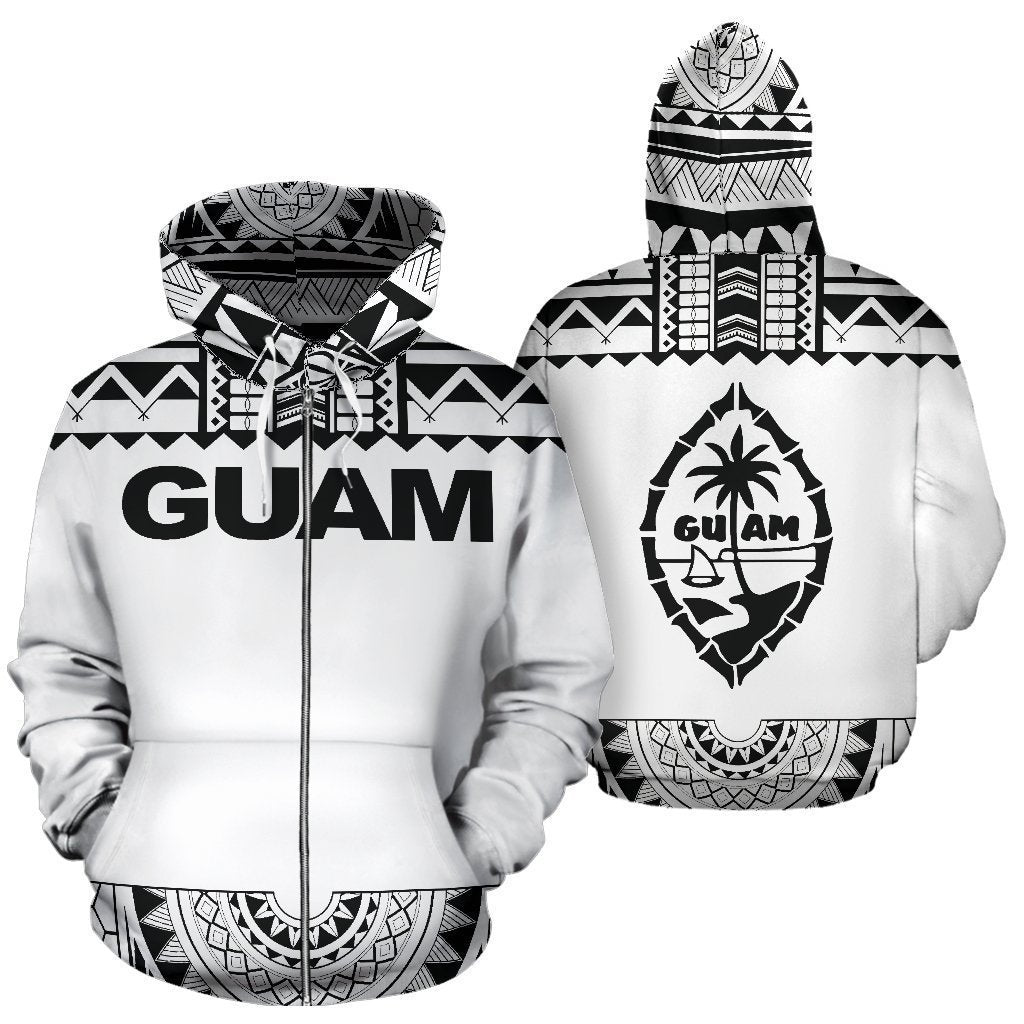 Guam All Over Zip-Up Hoodie - Polynesian White And Black - Amaze Style™-ALL OVER PRINT ZIP-UP HOODIES