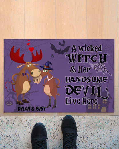Moose A Wicked Witch And Her Devil Personalized Doormat Welcome Mat, Best Gift For Home Decoration