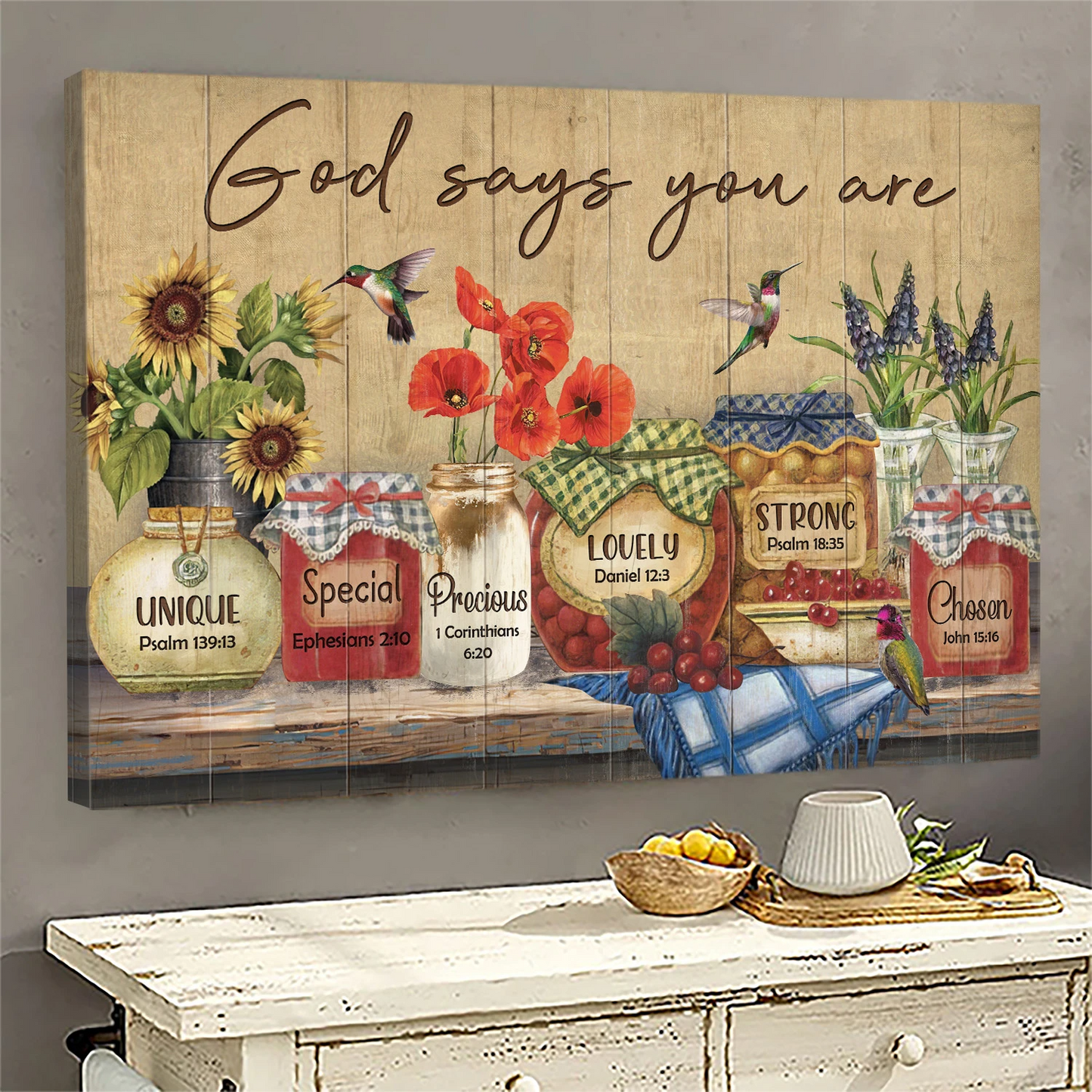 Hummingbird and beautiful jars God says you are Jesus Canvas Print Wall Art