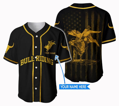 Personalized Name Bull Riding Baseball Shirt Golden