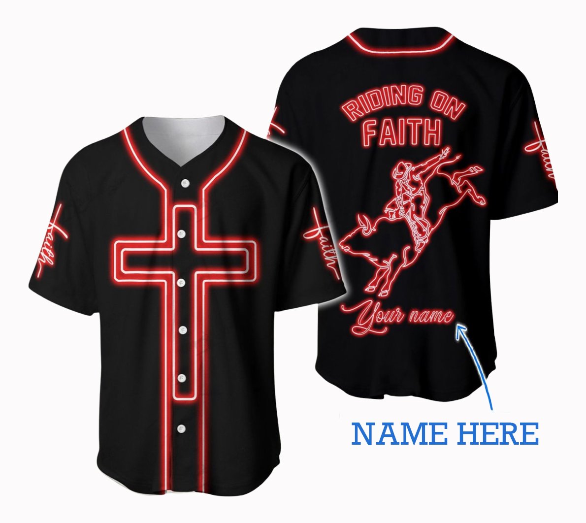 Personalized Name Bull Riding Baseball Shirt Riding On Faith