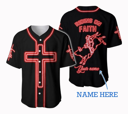 Personalized Name Bull Riding Baseball Shirt Riding On Faith