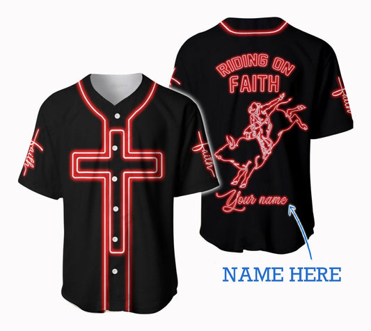 Personalized Name Bull Riding Baseball Shirt Riding On Faith