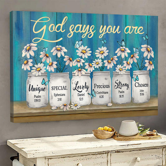 Daisy jar on blue background God says you are Jesus Landscape Canvas Print Wall Art