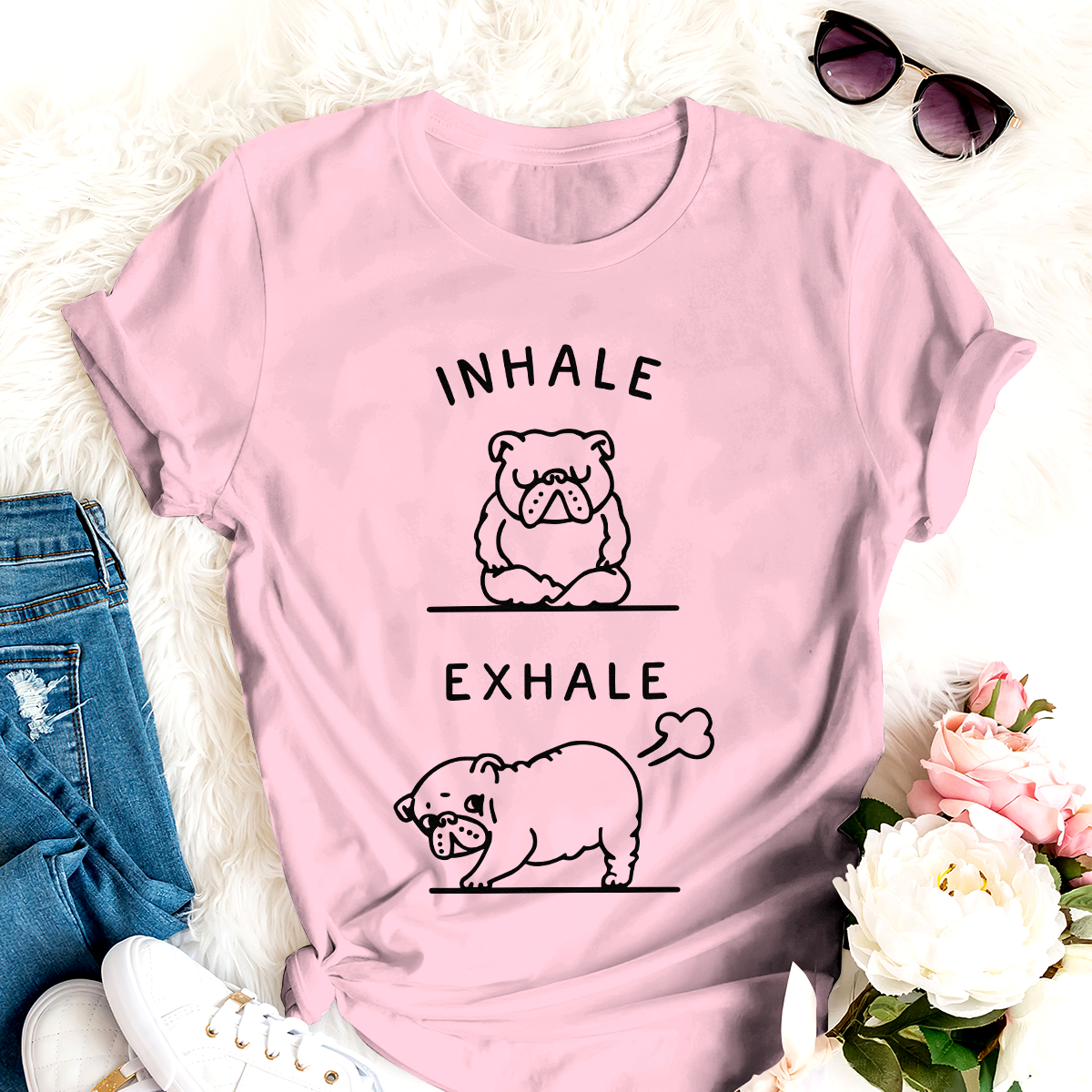 Dog T-shirt Frenchie Yoga Inhale Exhale