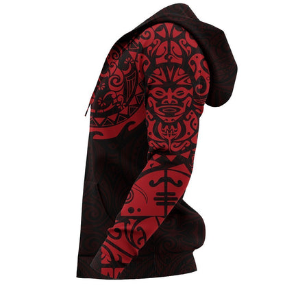 Maori Tangaroa Tattoo New Zealand All Over Hoodie - Red NVD - Amaze Style™-Apparel