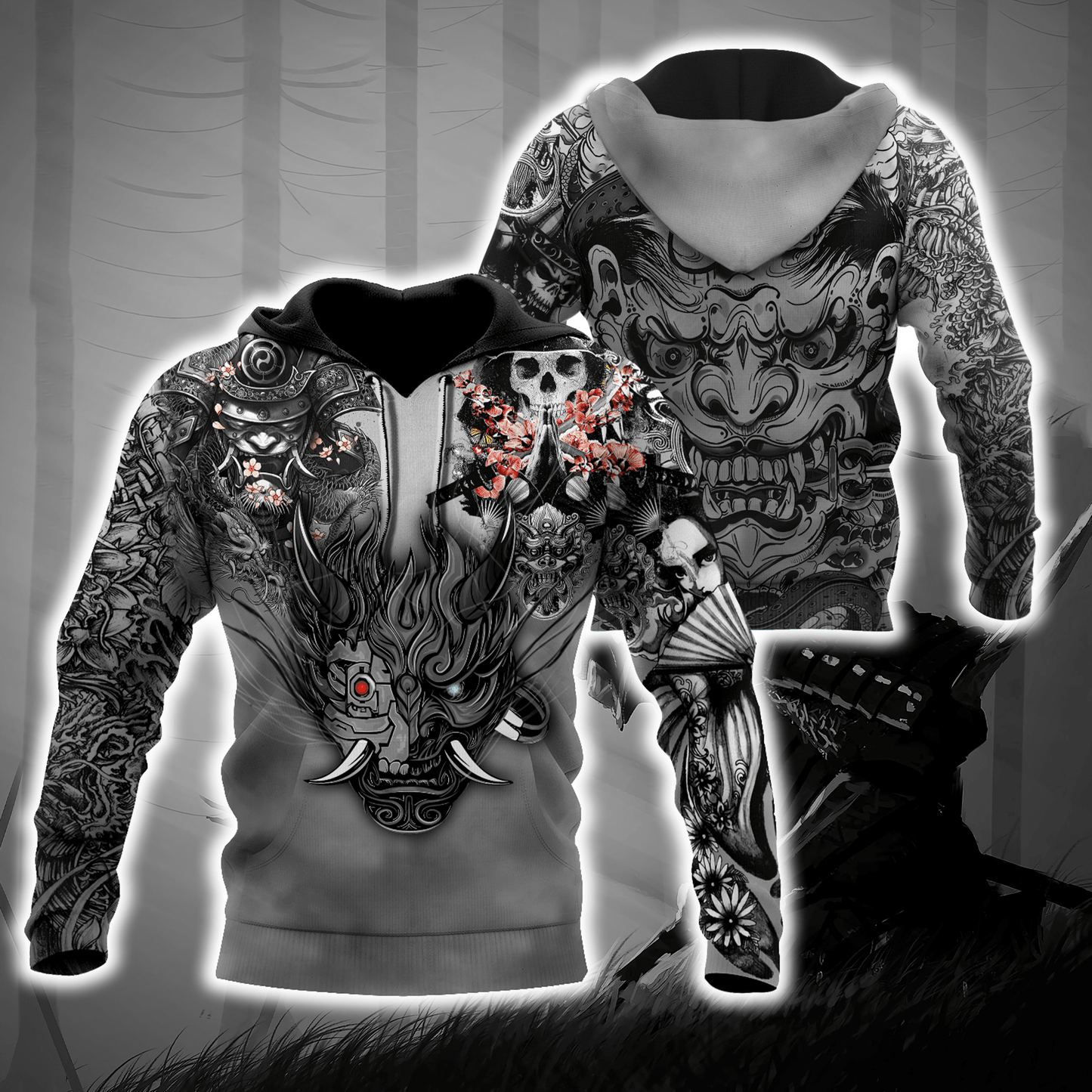 Samurai Oni Mask Tattoo 3D Over Printed Unisex Hoodie-ML