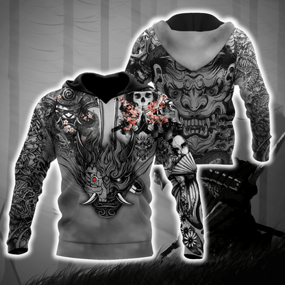 Samurai Oni Mask Tattoo 3D Over Printed Unisex Hoodie-ML