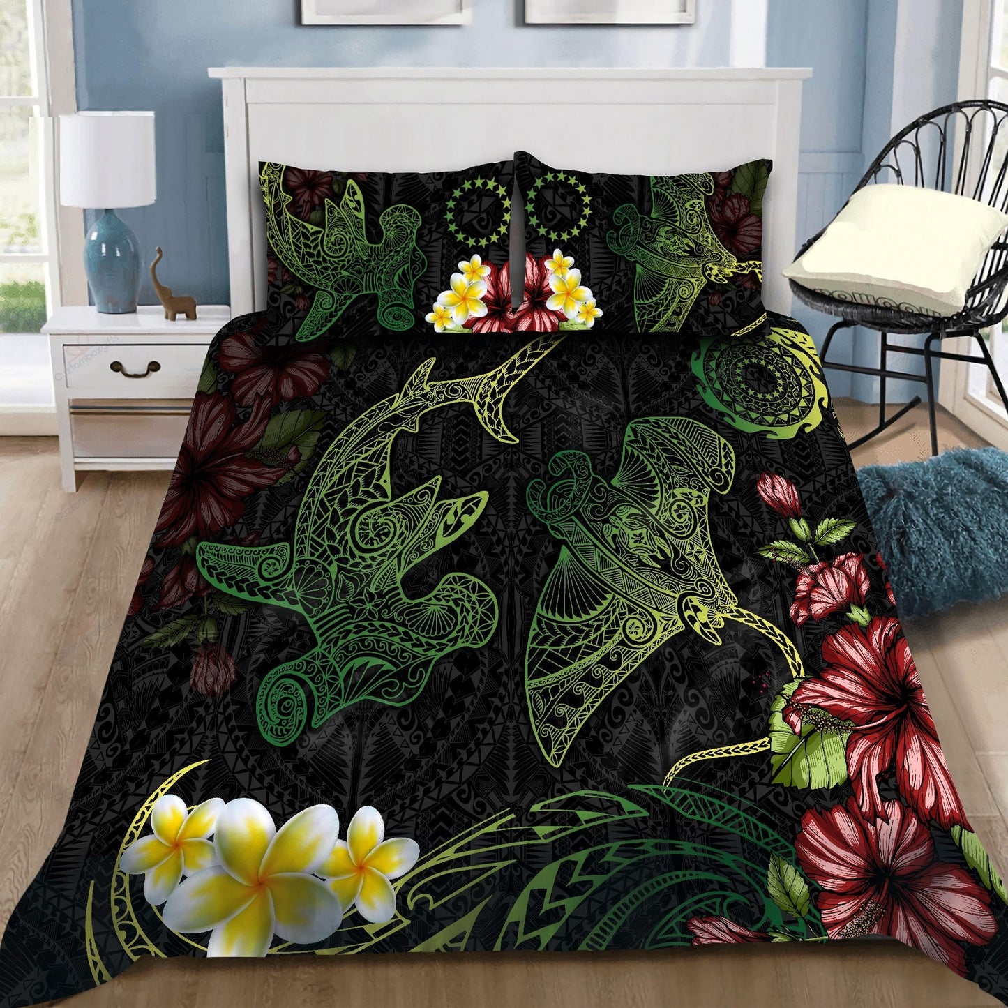 Cook Islands Bedding Set Beautiful Rays Shark Tipani Hibiscus