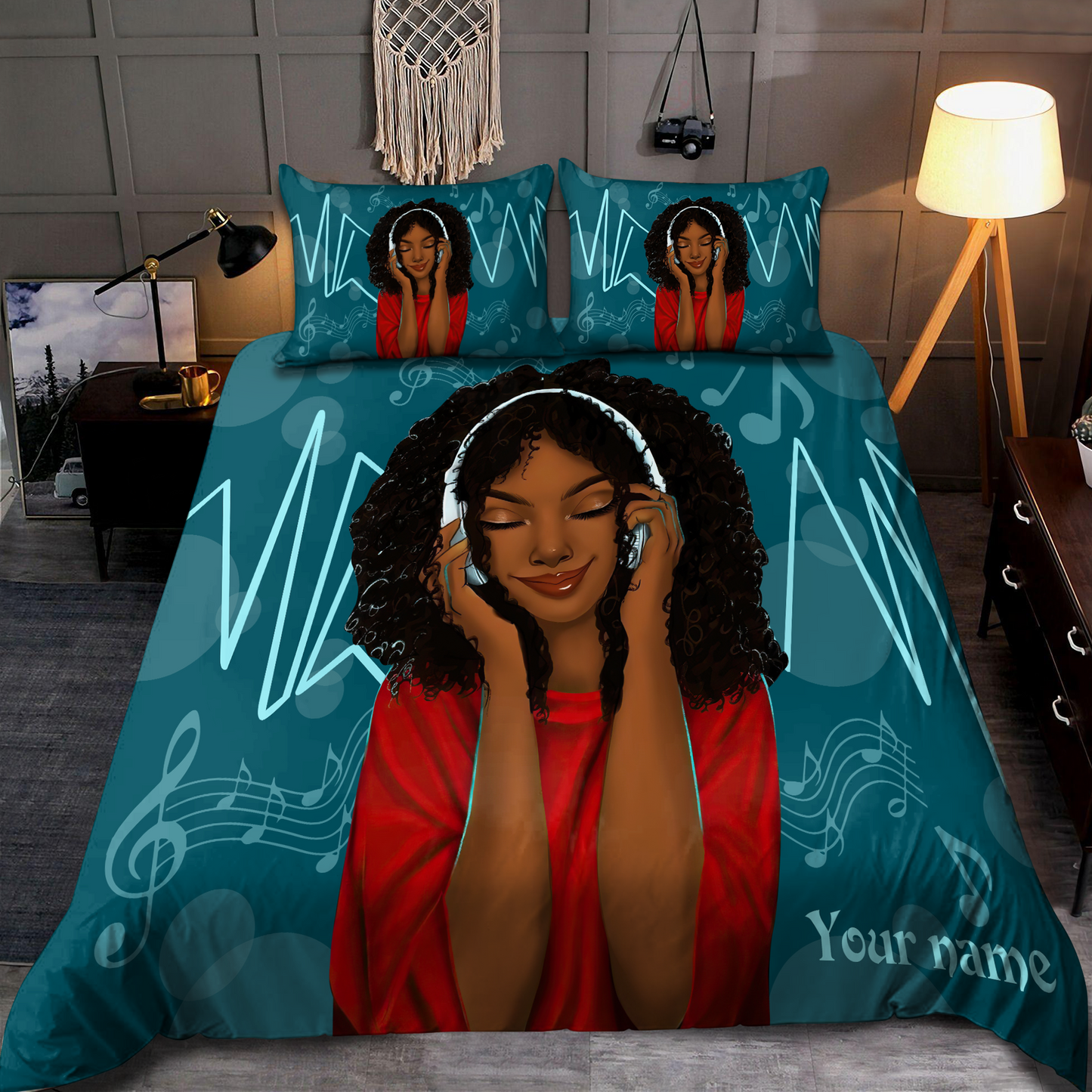 Music Black Girl  Custom Name Duvet Cover Set Bedding Set