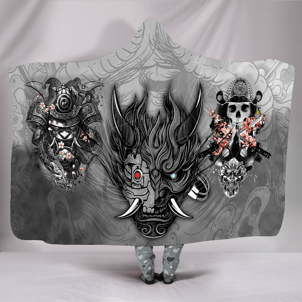 Samurai Oni Mask Tattoo 3D Over Printed Unisex Hooded Blanket-ML