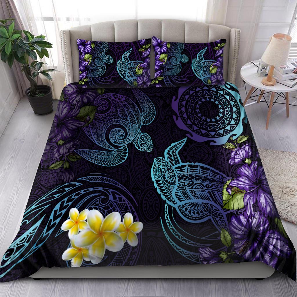 Cook Islands Beautiful Purple Turtles Tipani Hibiscus Tattoo Bedding Set