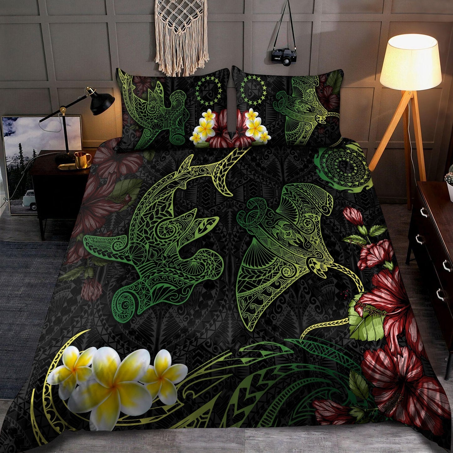 Cook Islands Bedding Set Beautiful Rays Shark Tipani Hibiscus