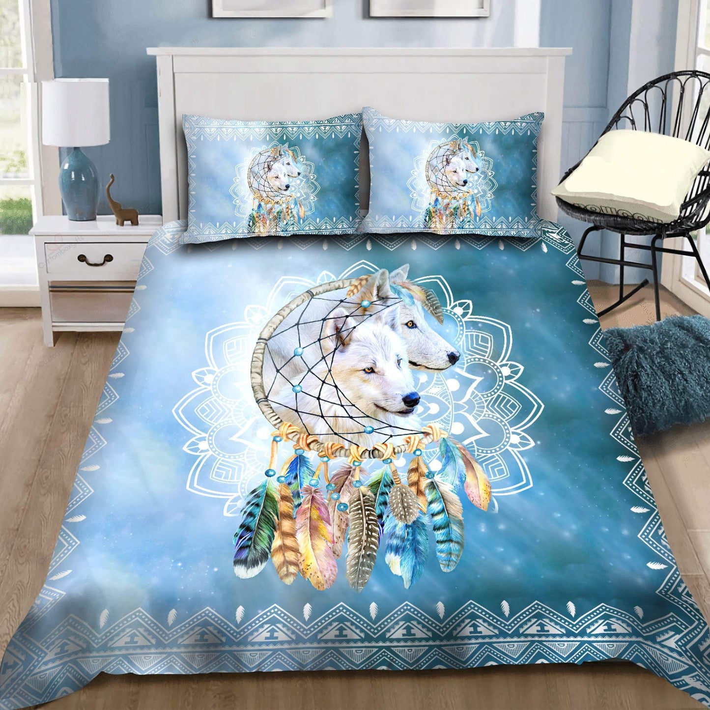Native American White Wolf Couple Bedding Set MEI