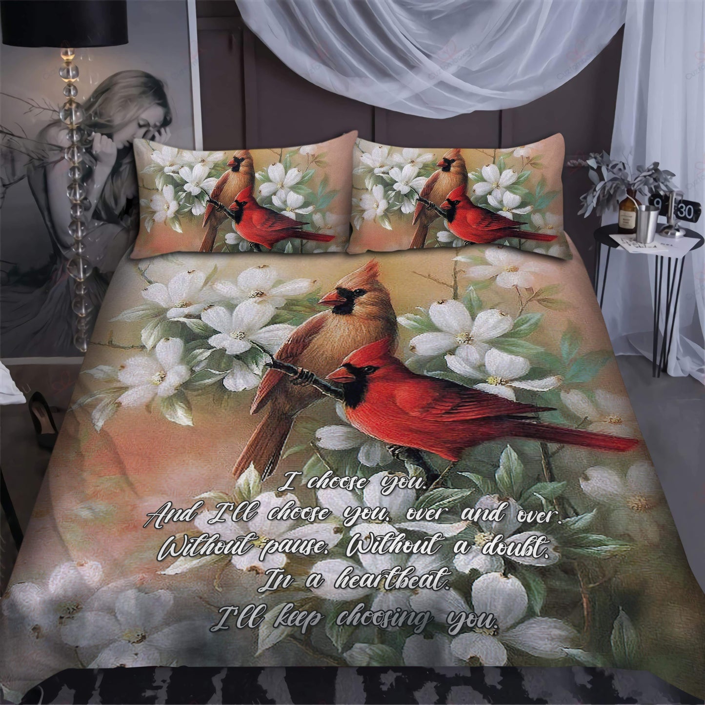 I Choose You Cardinal Couple and Flowers Bedding Set-MEI
