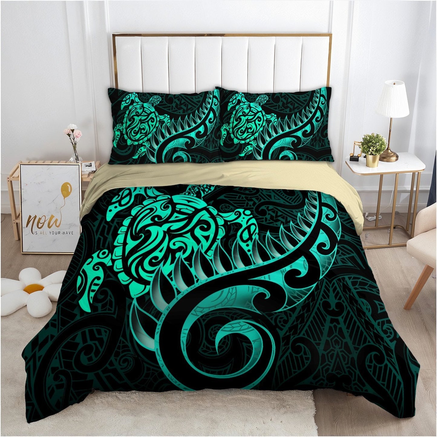 New Zealand Bedding Set - Aotearoa Maori Turtle Silver Fern Turquoise TR1407204