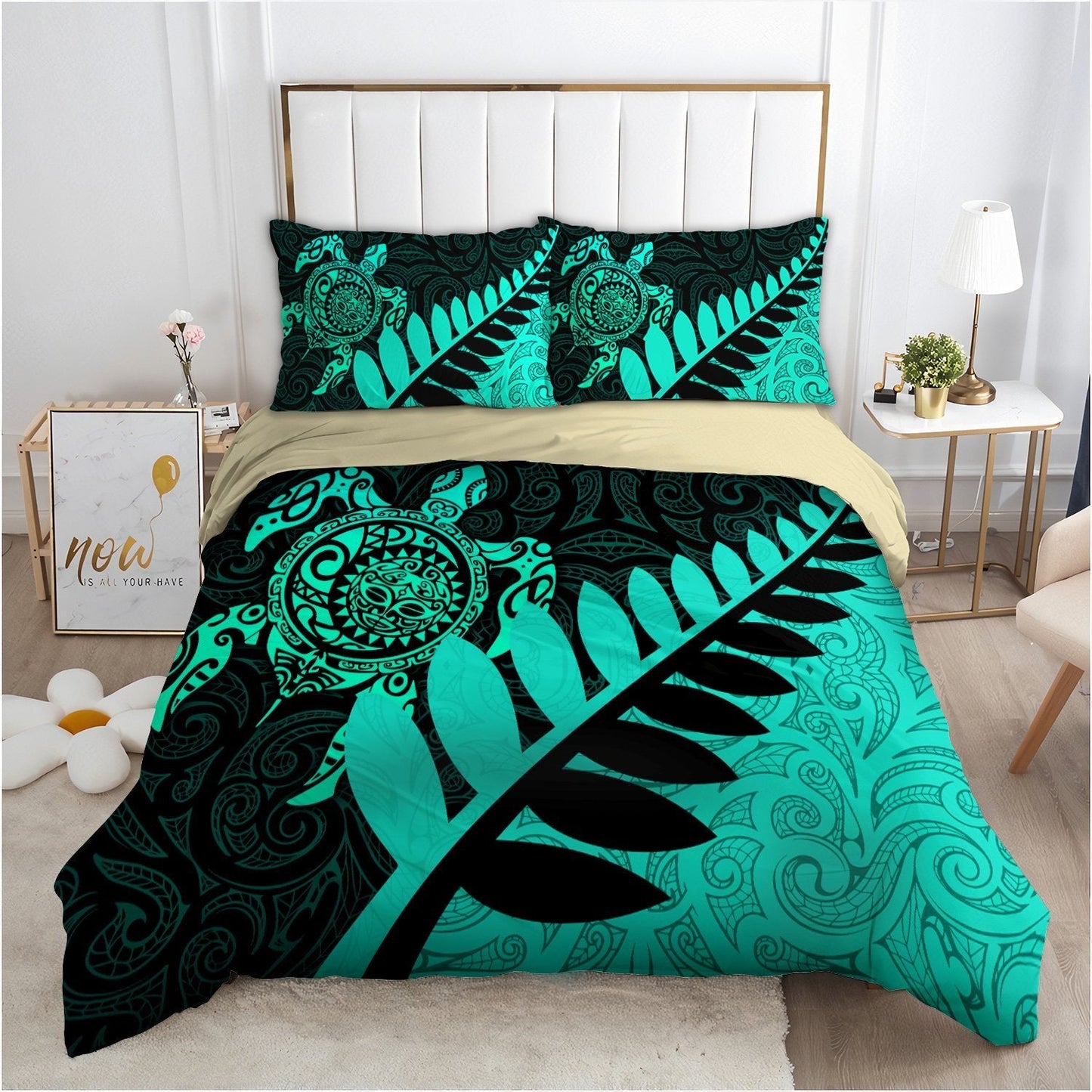 New Zealand Bedding Set - Aotearoa Maori Turtle Silver Fern Turquoise TR1407203