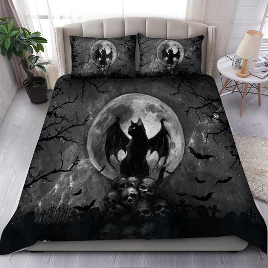 Black Cat and Skull Halloween Bedding Set