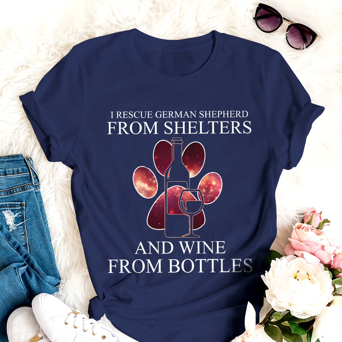Dog T-shirt I Rescue German Shepherd  From Shelters  And Wine