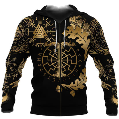 Viking Oak Leaf Valknut Vegvisir With Irminsul - Gold