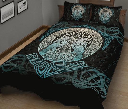 Viking Quilt Bed Set, Yggdrasil Ravens Rune