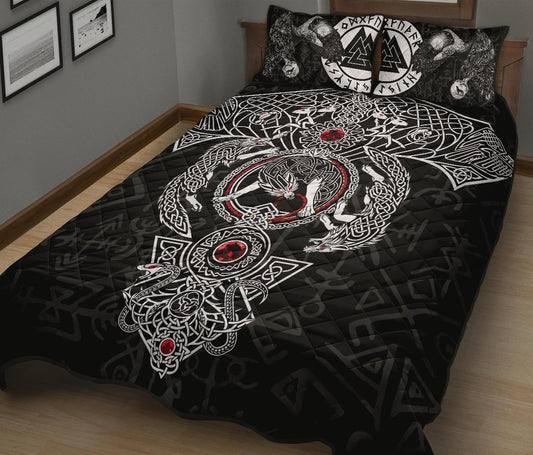 Viking Quilt Bed Set, Fenrir Skoll And Hati Valknut Raven