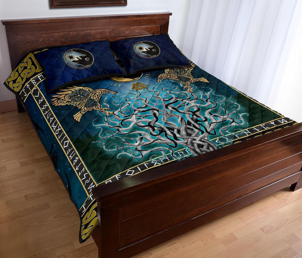 Viking Quilt Bed Set, Tree Of Life Fenrir Skoll And Hati Raven Rune