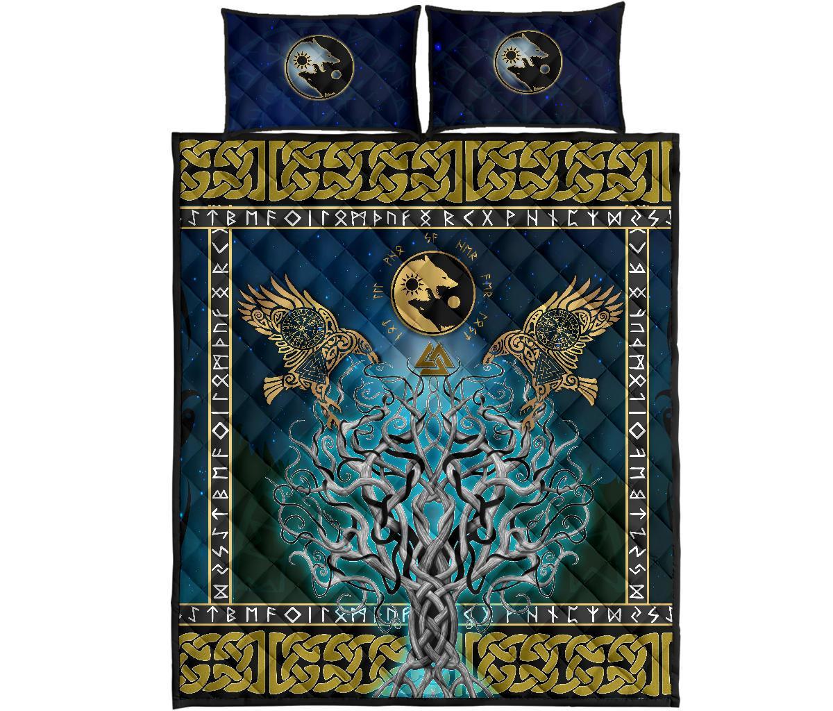Viking Quilt Bed Set, Tree Of Life Fenrir Skoll And Hati Raven Rune