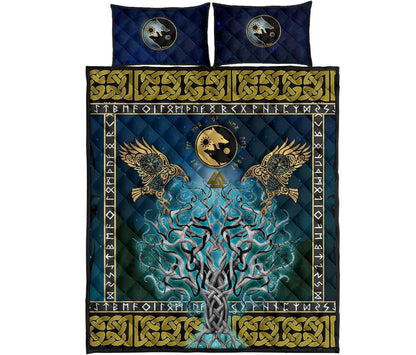 Viking Quilt Bed Set, Tree Of Life Fenrir Skoll And Hati Raven Rune