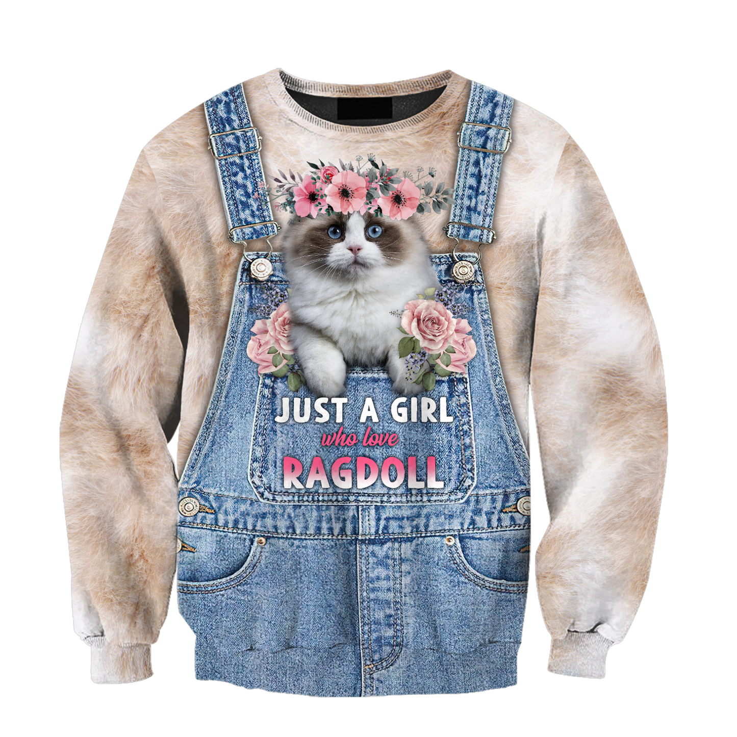 Love Cat Just a girl Ragdoll face hair 3D all over shirts for women