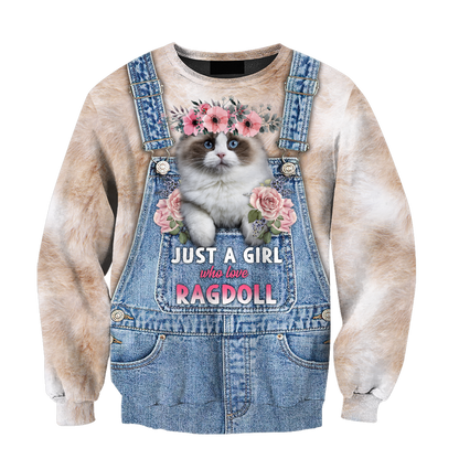 Love Cat Just a girl Ragdoll face hair 3D all over shirts for women