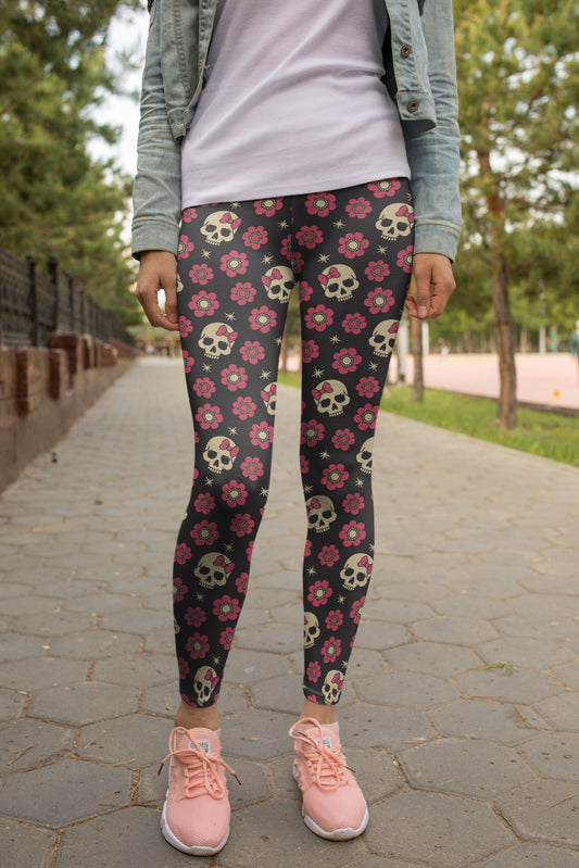 3D All Over Print Brown Skull and flower Legging - Amaze Style™-Apparel