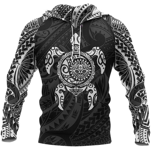 Turtle Maori Tattoo All Over Hoodie White NVD - Amaze Style™-Apparel