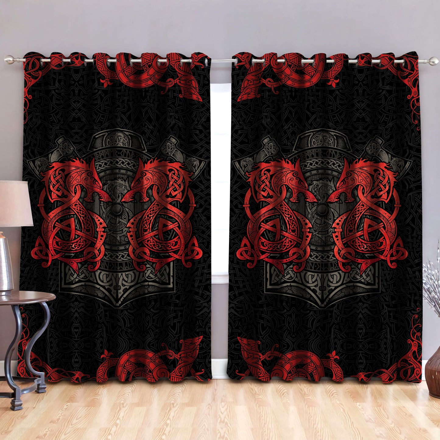Red Viking Dragon Window Curtains