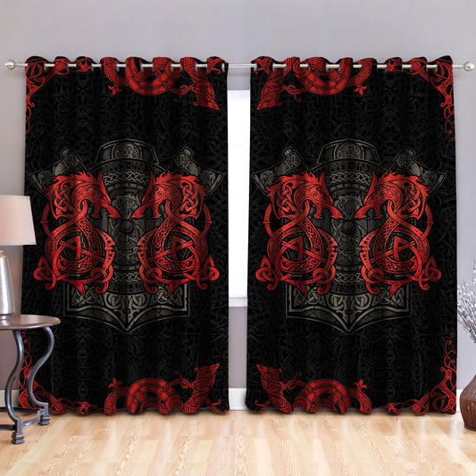 Red Viking Dragon Window Curtains