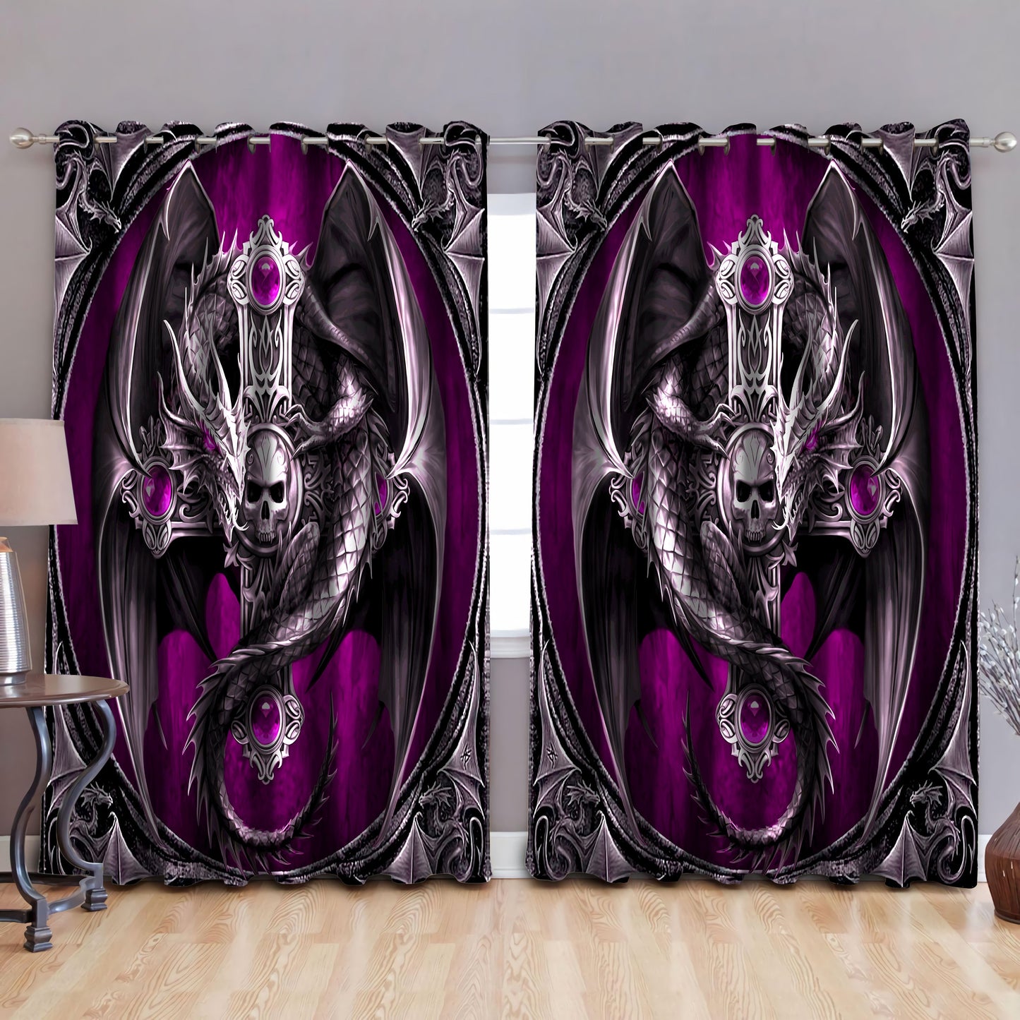 Purple Skull Dragon Art Blackout Thermal Grommet Window Curtains HAC27121S-NM-52'' x 63''-Vibe Cosy™