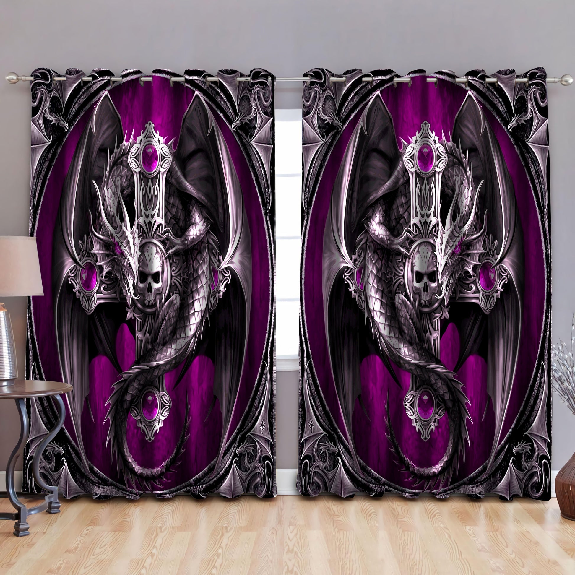 Purple Skull Dragon Art Blackout Thermal Grommet Window Curtains HAC27121S-NM-52'' x 63''-Vibe Cosy™