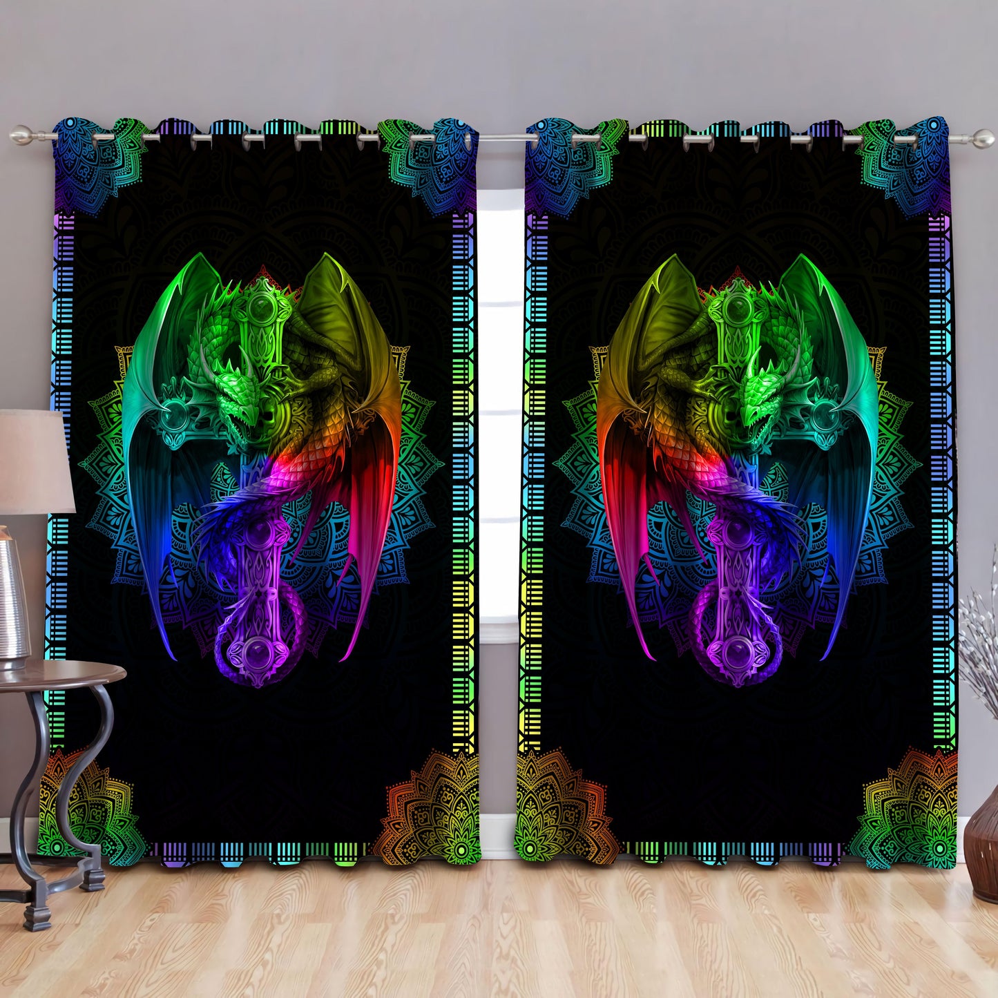 Mandala Dragon 3D Over Printed Window Curtain Set TA0820203