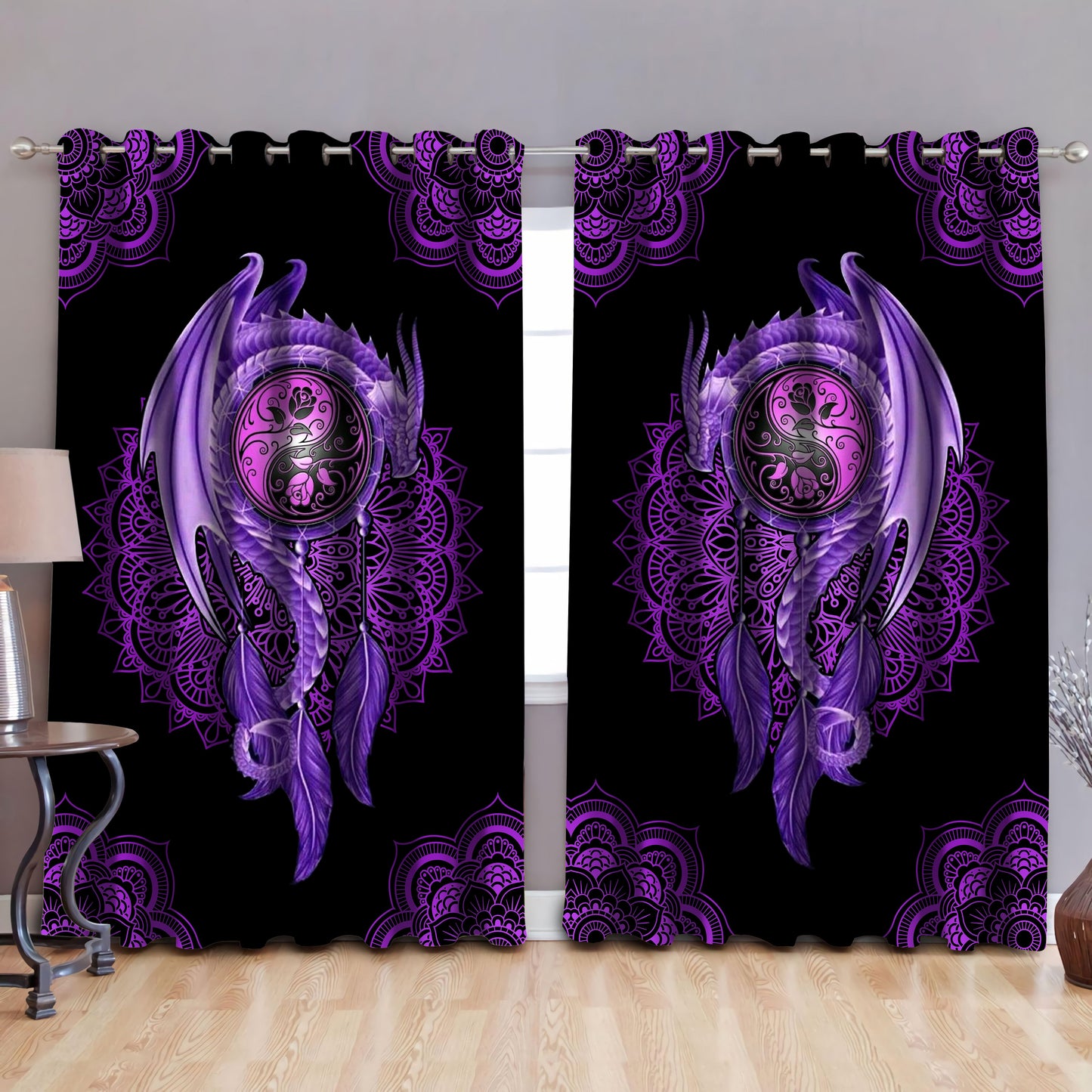 Purple Mandala Dragon Art Blackout Thermal Grommet Window Curtains QB05112001-NM-52'' x 63''-Vibe Cosy™