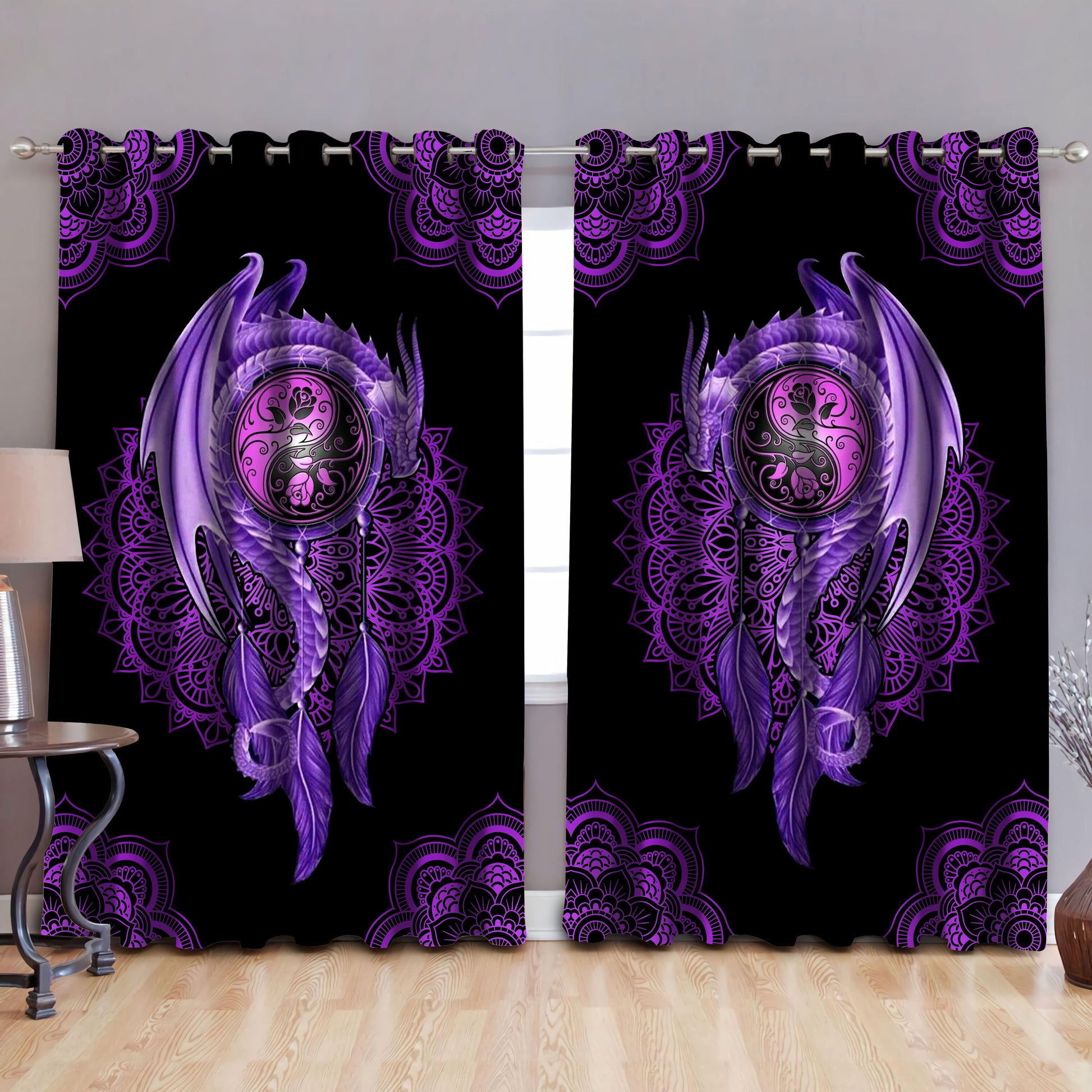 Purple Mandala Dragon Art Blackout Thermal Grommet Window Curtains QB05112001-NM-52'' x 63''-Vibe Cosy™