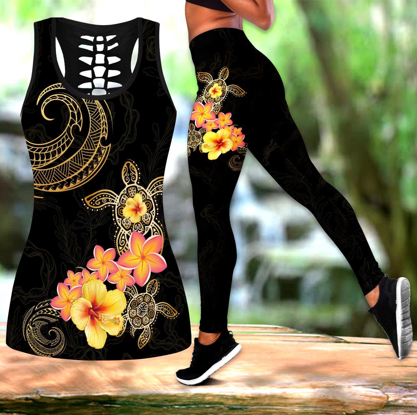 Polynesian Tattoo Turtle Hibiscus Frangipani Legging & Tank top ML